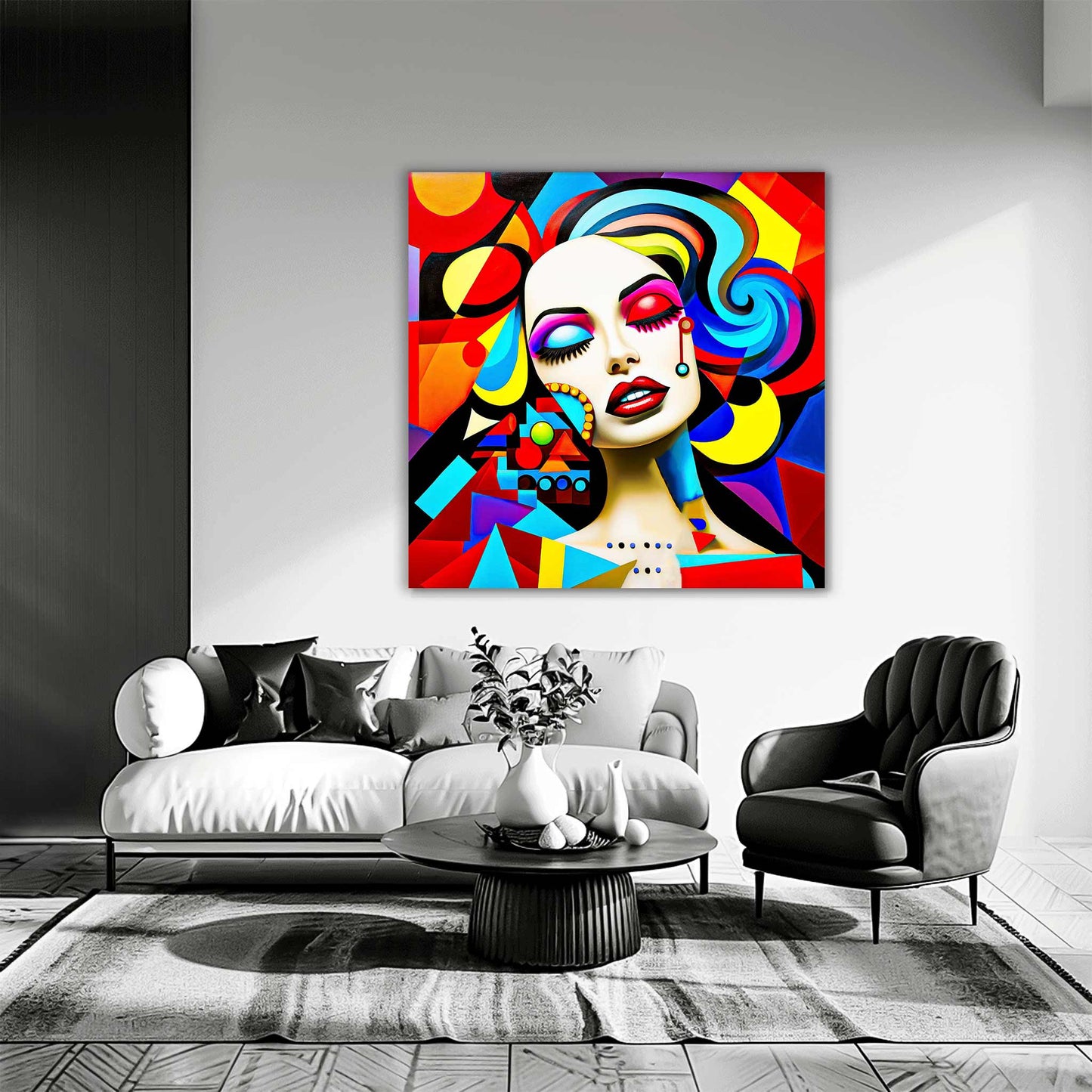Abstract art of a woman, with bold geometric shapes and cubism details living room wall decor. Abstract Temptress-Graphique Addictions.
