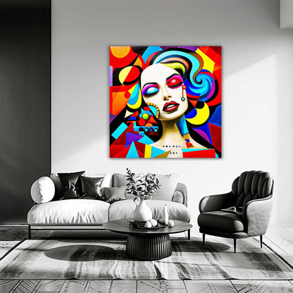 Abstract art of a woman, with bold geometric shapes and cubism details living room wall decor. Abstract Temptress-Graphique Addictions.