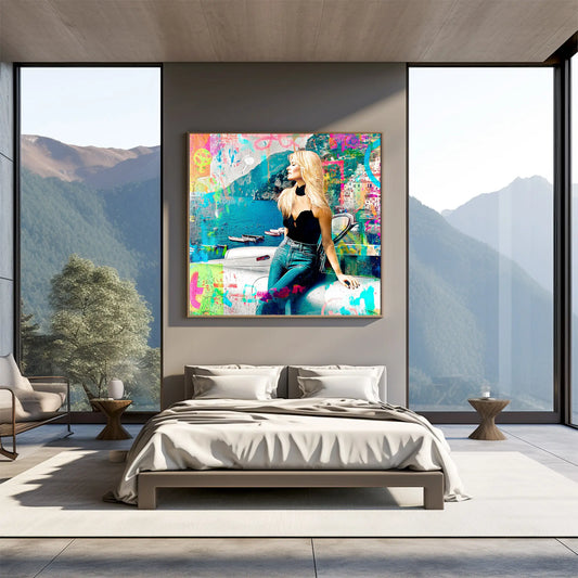 bedroom mockup of a collage art painting of brigitte bardot in italy at the coast of amalfi leaning against a white corvette-amalfi-coast-pop-framed-print, Graphique Addictions