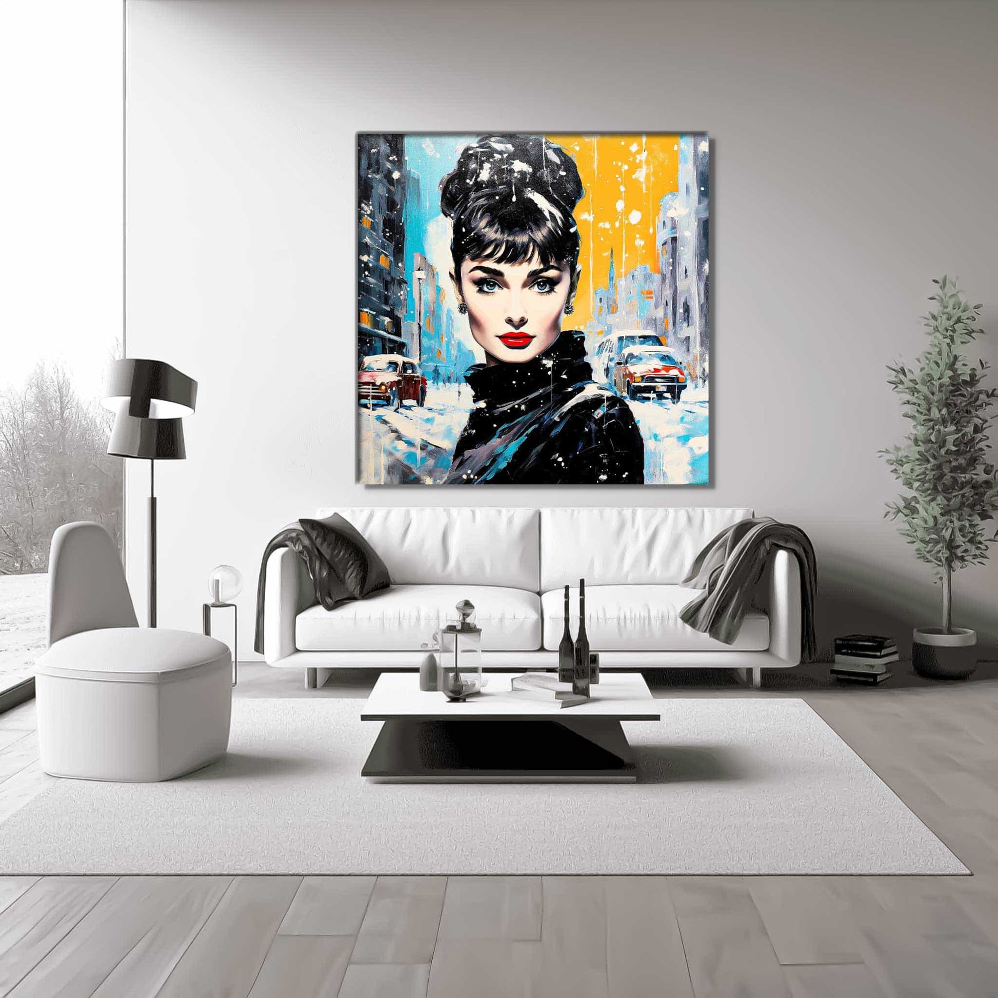 Frosty Elegance: Living room mockup of Audrey Hepburn in a black turtleneck, standing on a snowy city street with vintage cars-Graphique Addictions.