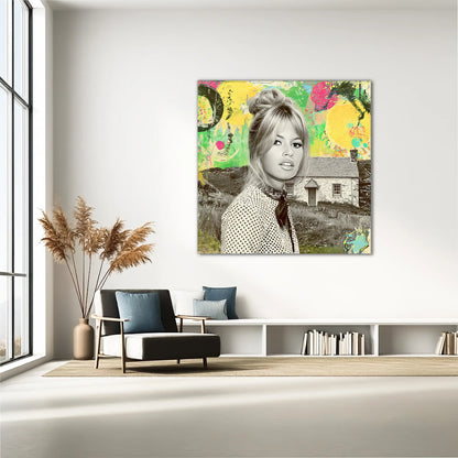 Bardot at the Cottage hallway mockup featuring Brigitte Bardot in front of an Irish cottage, wearing polka-dot attire, set against a vibrant pop-art collage with bright yellow, green, and red accents. Graphique Addictions.