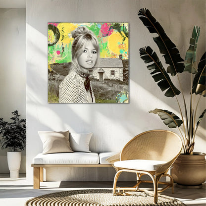 Bardot at the Cottage living room mockup featuring Brigitte Bardot in front of an Irish cottage, wearing polka-dot attire, set against a vibrant pop-art collage with bright yellow, green, and red accents. Graphique Addictions.