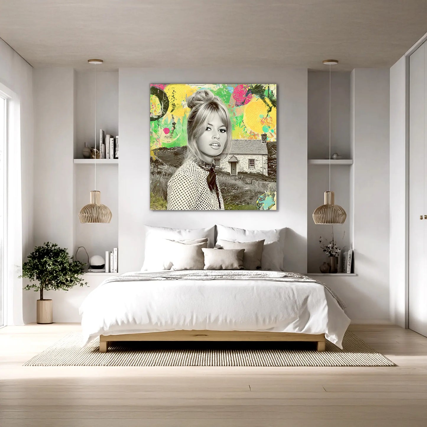 Bardot at the Cottage bedroom mockup featuring Brigitte Bardot in front of an Irish cottage, wearing polka-dot attire, set against a vibrant pop-art collage with bright yellow, green, and red accents. Graphique Addictions.