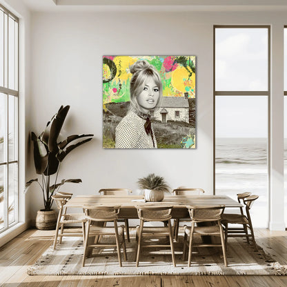 Bardot at the Cottage kitchen mockup featuring Brigitte Bardot in front of an Irish cottage, wearing polka-dot attire, set against a vibrant pop-art collage with bright yellow, green, and red accents. Graphique Addictions.