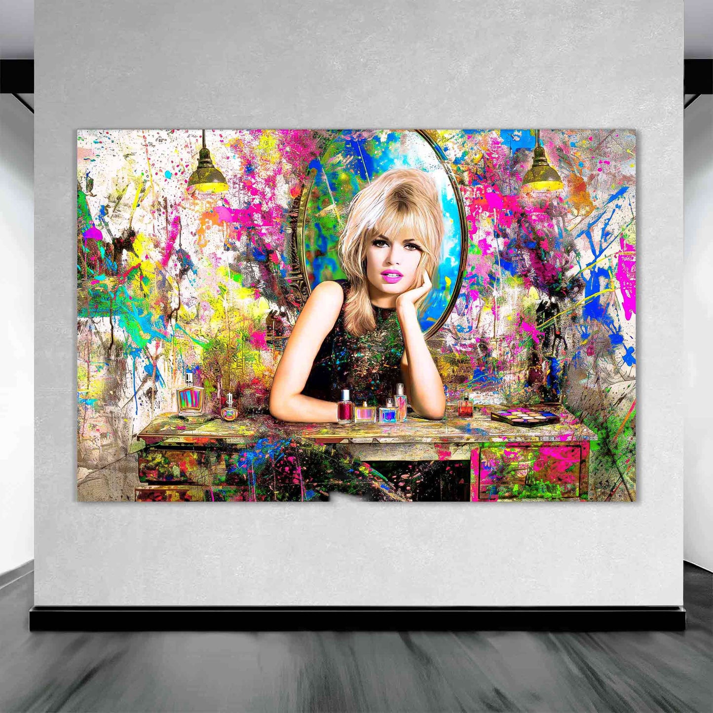 Brigitte Bardot sitting her at a vanity table, surrounded by makeup and hair products, graffiti background with colorful abstract paint splashes, art display. Brigitte Bardot Vanity Graffiti-Graphique Addictions.