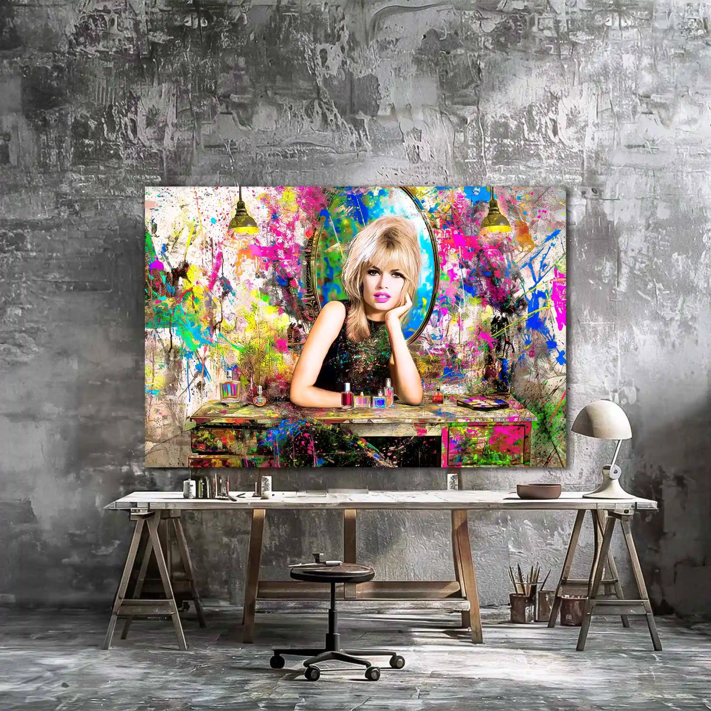 Brigitte Bardot sitting her at a vanity table, surrounded by makeup and hair products, graffiti background with colorful abstract paint splashes, art studio mockup. Brigitte Bardot Vanity Graffiti-Graphique Addictions.