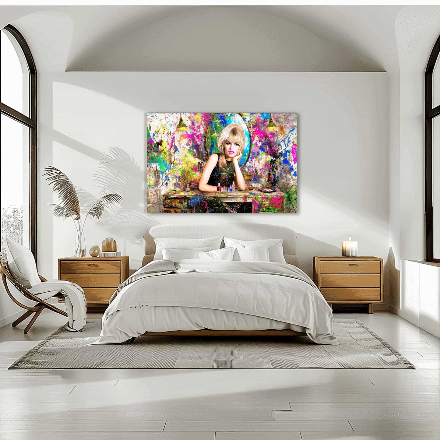 Brigitte Bardot sitting at her vanity table, surrounded by makeup and hair products, graffiti background with colorful abstract paint splashes, bedroom wall decor. Brigitte Bardot Vanity Graffiti-Graphique Addictions.
