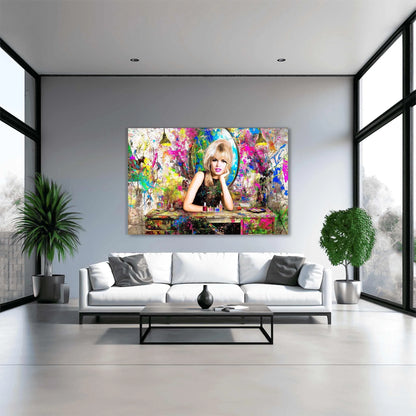 Brigitte Bardot sitting her at a vanity table, surrounded by makeup and hair products, graffiti background with colorful abstract paint splashes, living room wall decor. Brigitte Bardot Vanity Graffiti-Graphique Addictions.