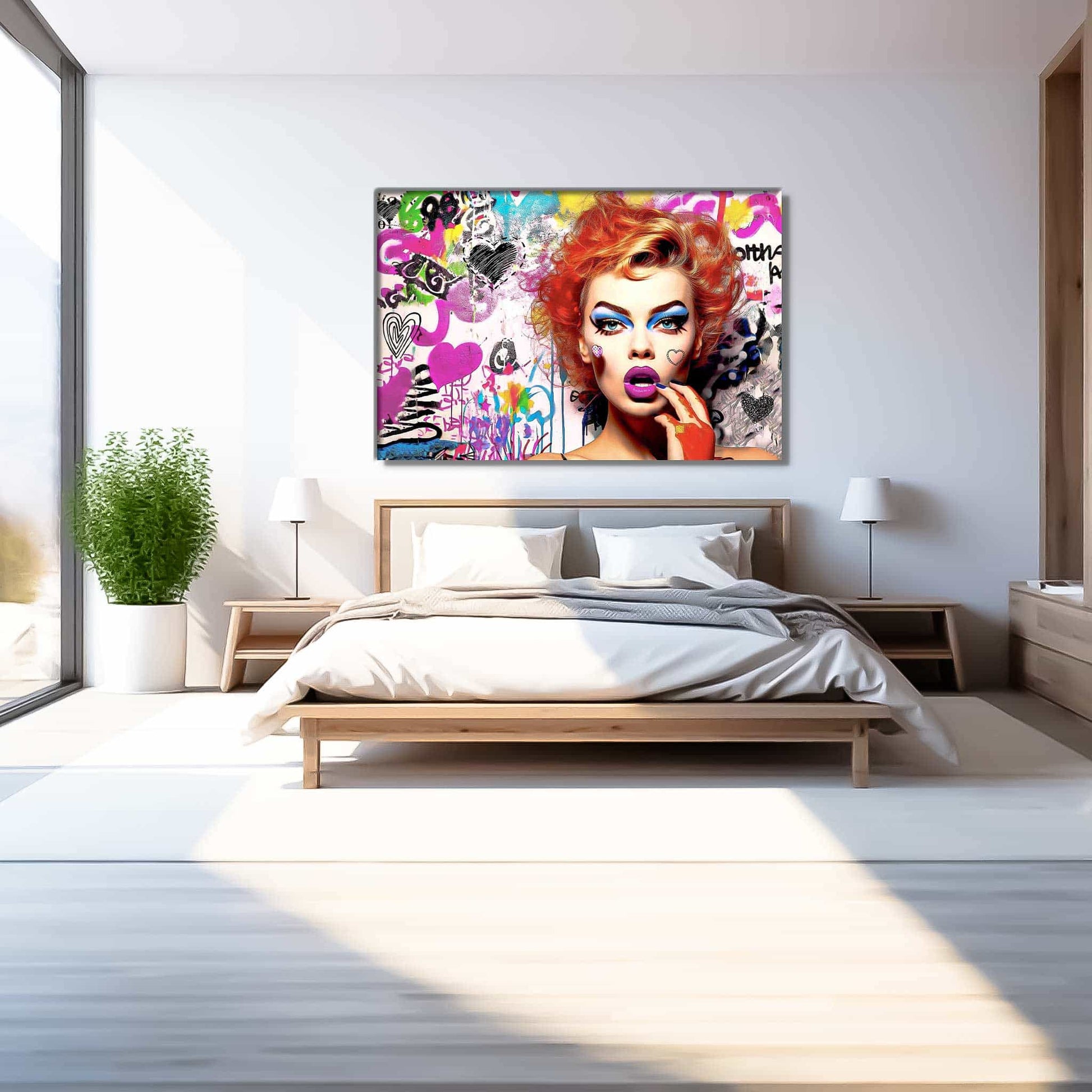 Chic Chaos: Bedroom mockup of red-haired woman against a backdrop of colorful graffiti art, hearts, and butterflies-Graphique Addictions.