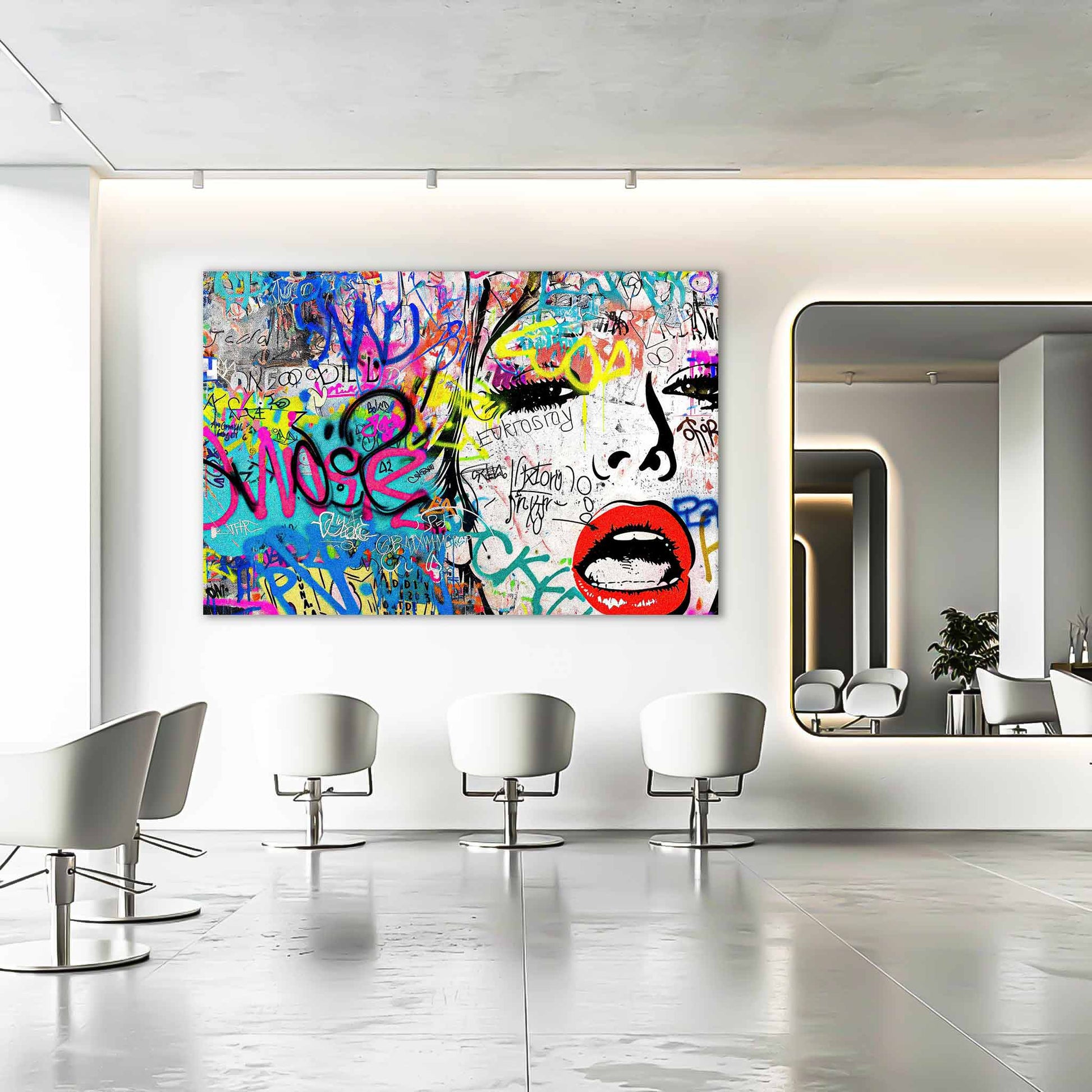 Chic Femme Graffiti Gaze: Salon mockup of pop art portrait of a woman against colorful graffiti, bold brush strokes, and ink splashes-Graphique Addictions.