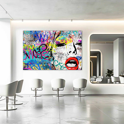 Chic Femme Graffiti Gaze: Salon mockup of pop art portrait of a woman against colorful graffiti, bold brush strokes, and ink splashes-Graphique Addictions.