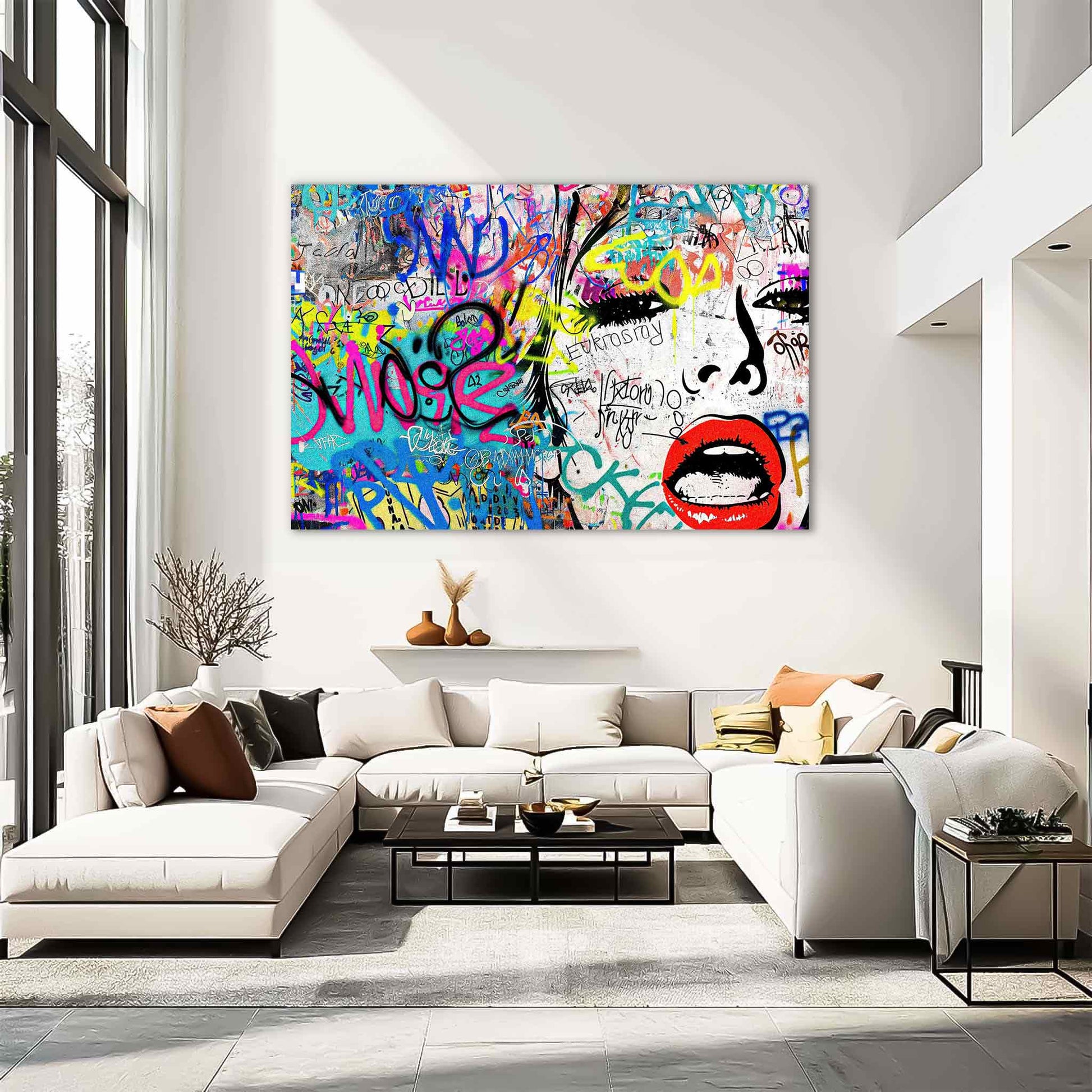 Chic Femme Graffiti Gaze: Living Room mockup of a pop art portrait of a woman against colorful graffiti, bold brush strokes, and ink splashes-Graphique Addictions.