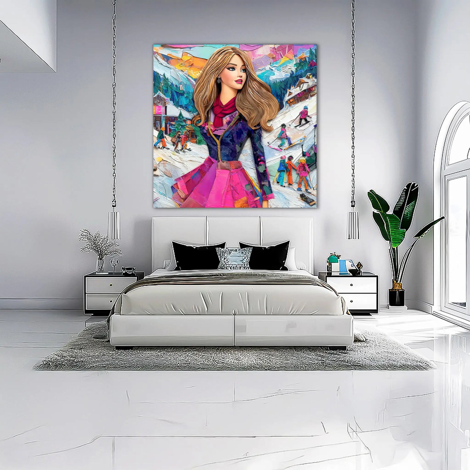 bedroom wall art of long-haired fashion doll in an elegant winter outfit and colorful scarf, standing on snowy ski slopes with skiers and snowboarders in the background. Graphique Addictions-Chic Doll Winter Escape.