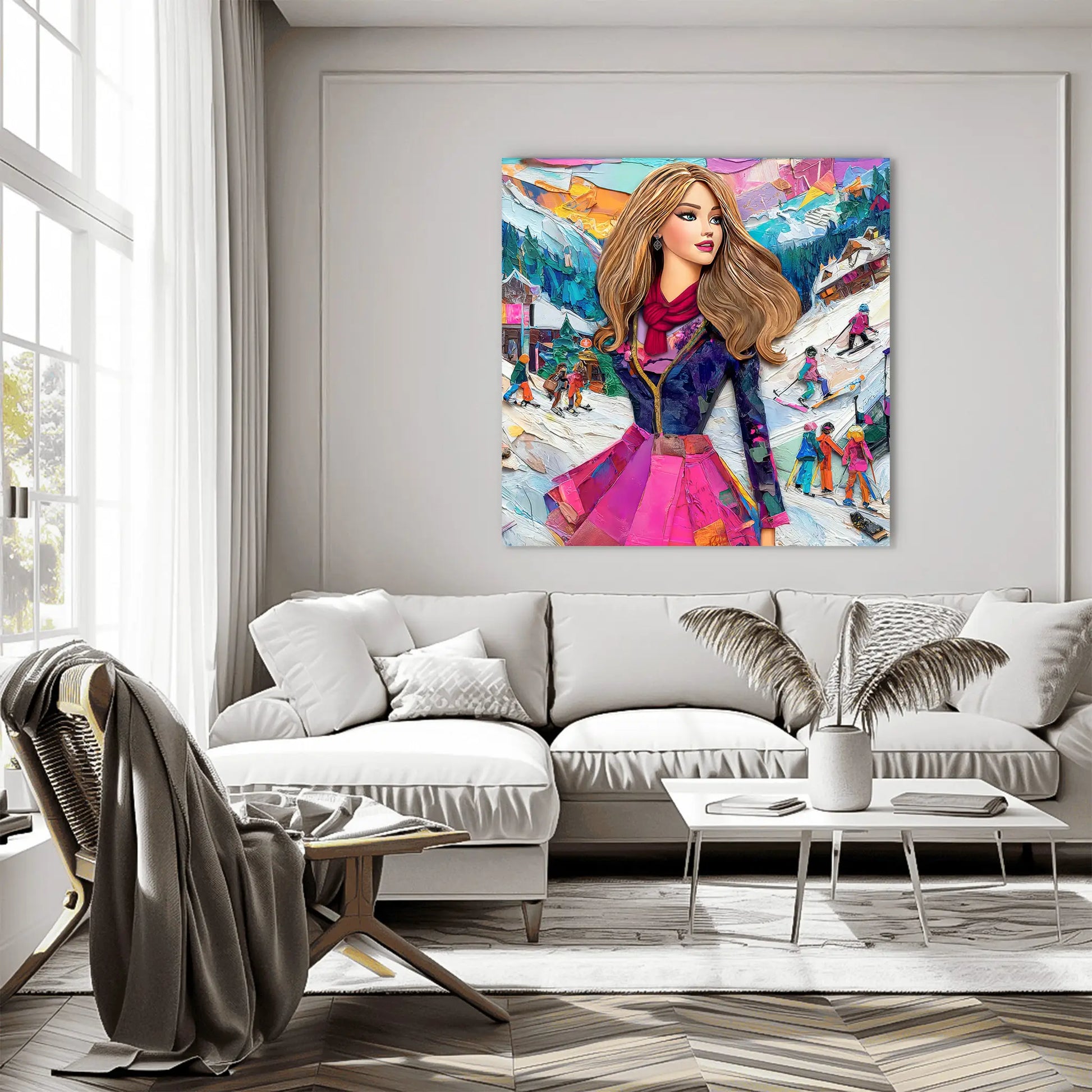living room wall art of long-haired fashion doll in an elegant winter outfit and colorful scarf, standing on snowy ski slopes with skiers and snowboarders in the background. Graphique Addictions-Chic Doll Winter Escape.