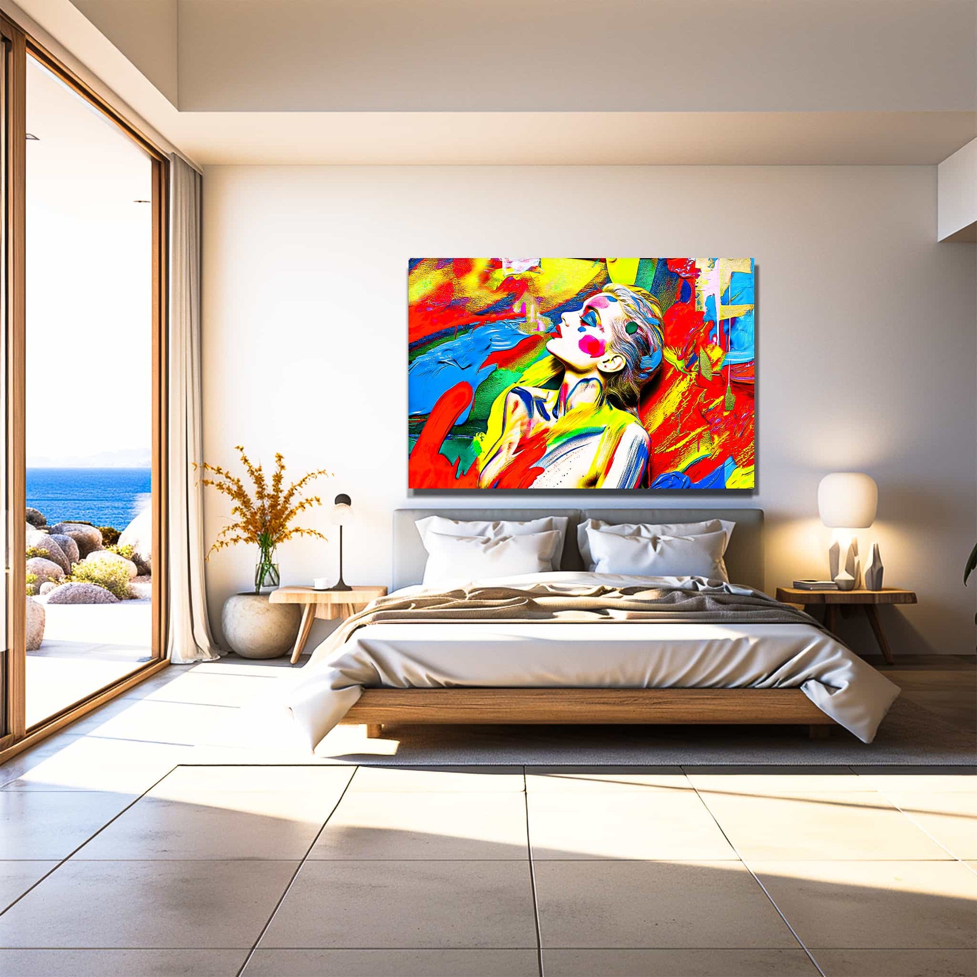 Aluminum print of a woman against a background of bold, abstract painted brushstrokes. Chromatic Liquid Elegance-Graphique Addictions.