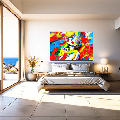 Aluminum print of a woman against a background of bold, abstract painted brushstrokes. Chromatic Liquid Elegance-Graphique Addictions.