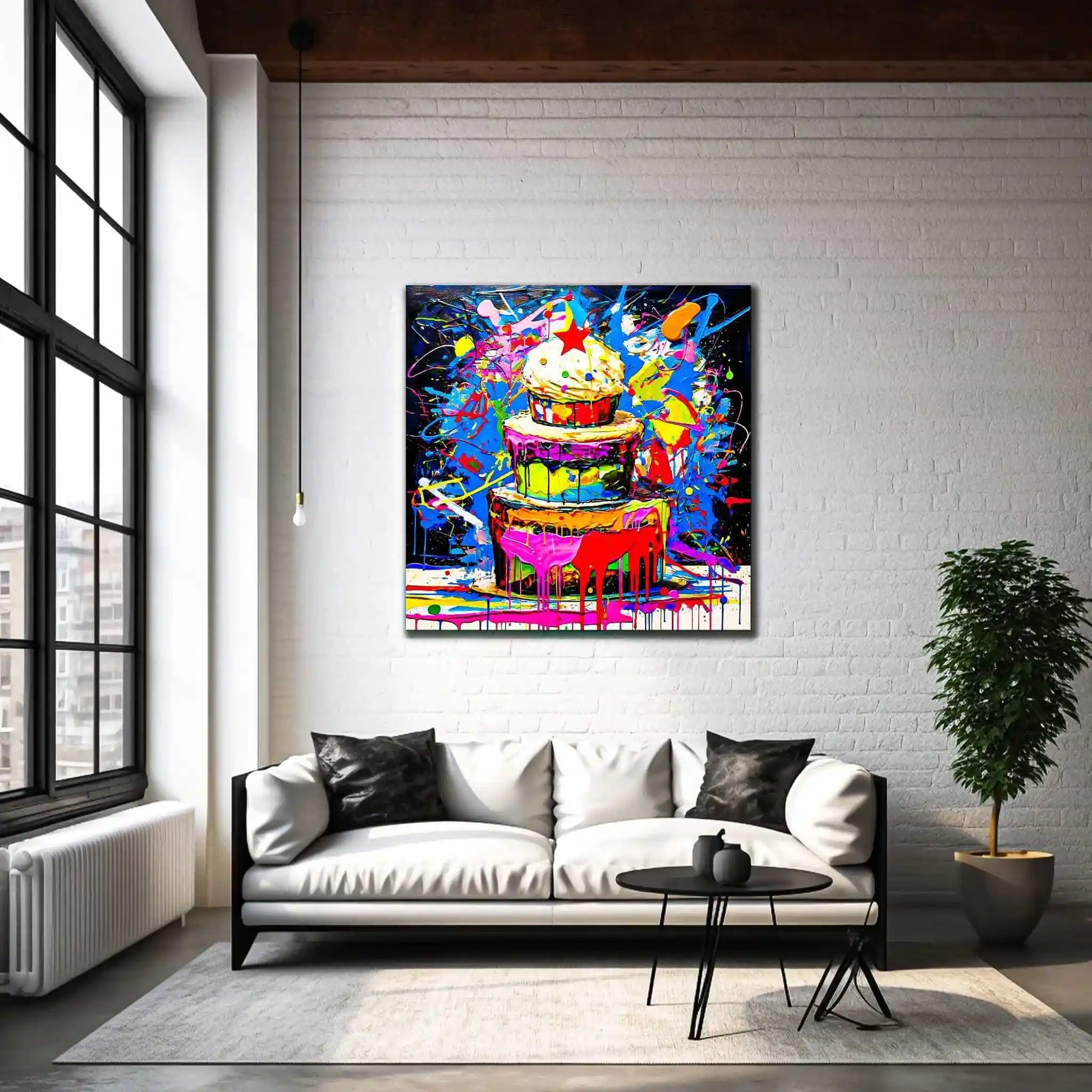 Chromatic Cake Confection: Living room mockup of multi-tiered birthday cake with colorful frosting dripping down its sides, neon paint splashes. Graphique Addictions.