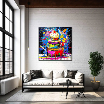 Chromatic Cake Confection: Living room mockup of multi-tiered birthday cake with colorful frosting dripping down its sides, neon paint splashes. Graphique Addictions.