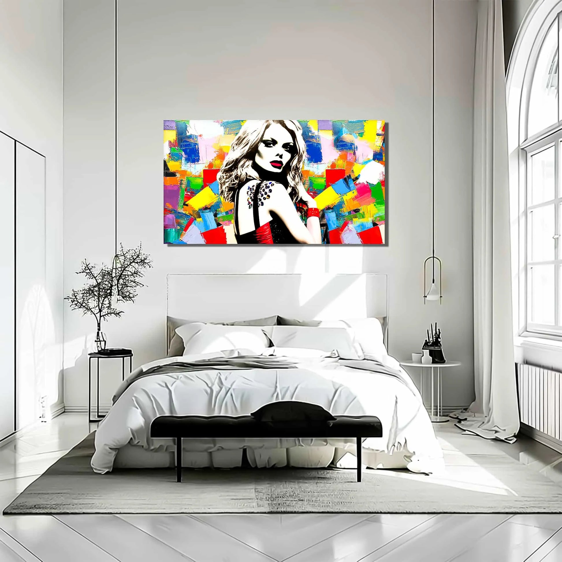 Bedroom wall art of Claudia Schiffer against a backdrop of multi-colored abstract geometric patterns wearing a black and red dress. Claudias Chromatic Cosmos-Graphique Addictions.