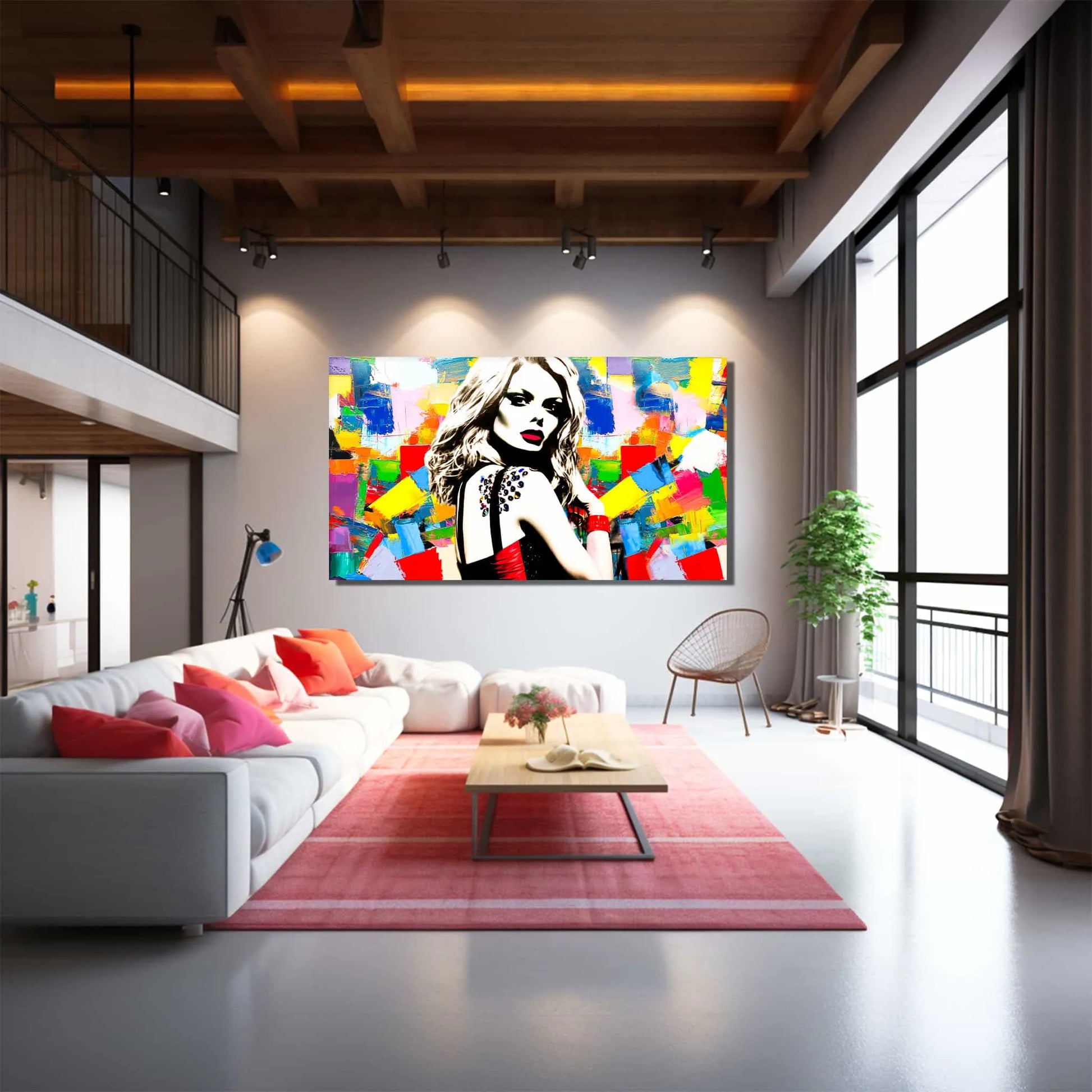 Living room wall art of Claudia Schiffer against a backdrop of multi-colored abstract geometric patterns wearing a black and red dress. Claudias Chromatic Cosmos-Graphique Addictions.