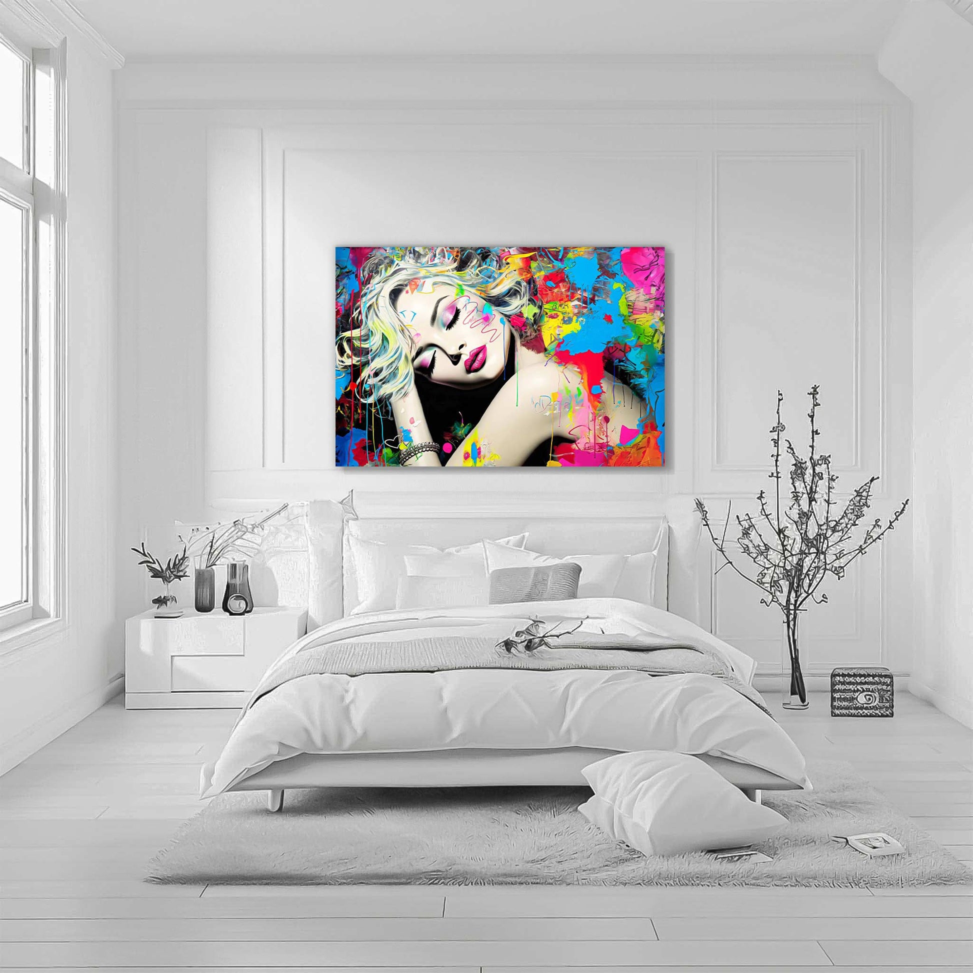 Blonde woman with colorful makeup, tattoos, and graffiti against a backdrop of colorful splashes. Bedroom wall artwork titled: Colorful Captivation-Graphique Addictions. 