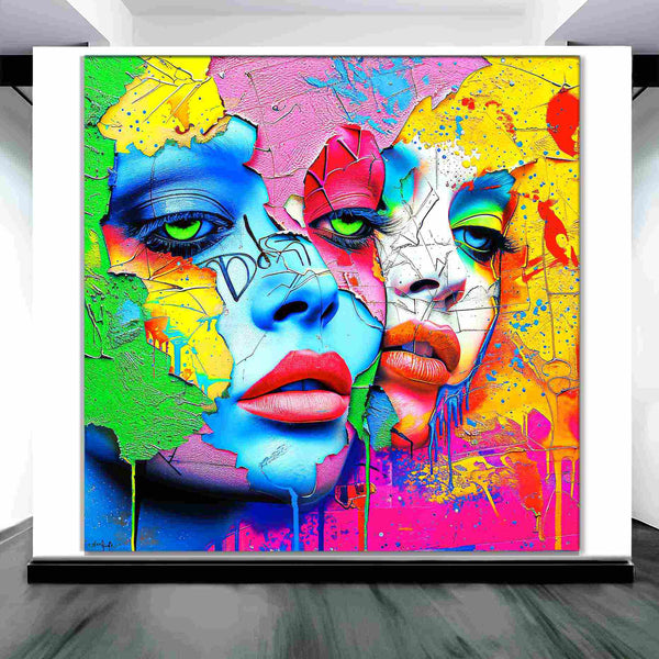 Art gallery mockup of 2 women's multi-colored porcelain faces that blend into a colorful painted background. Titled: Dual Pop Persona-Graphique Addictions. 