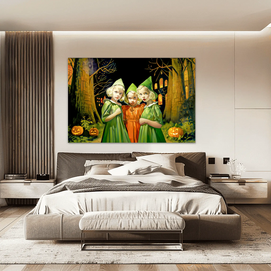Modern bedroom with a painting of three children in green and orange witch costumes above a bed. Emerald and Saffron Witches-Graphqiue Addictions.
