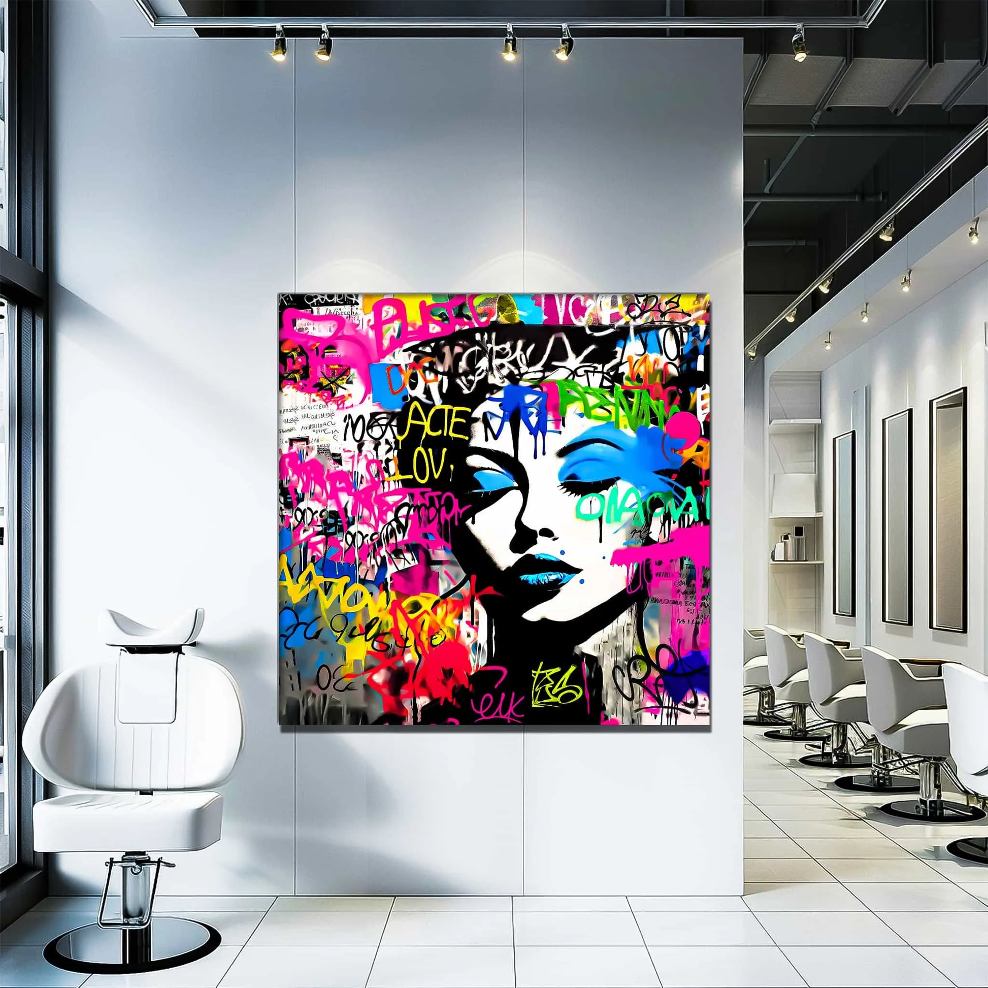Hair Salon wall decor of a close-up of a woman’s face with her eyes closed wearing blue lipstick and eyeshadow surrounded by colorful graffiti text. Fashionista Graffiti Bliss-Graphique Addictions.