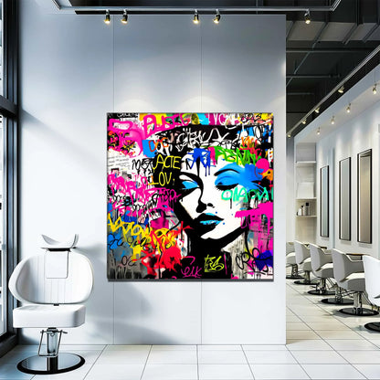Hair Salon wall decor of a close-up of a woman’s face with her eyes closed wearing blue lipstick and eyeshadow surrounded by colorful graffiti text. Fashionista Graffiti Bliss-Graphique Addictions.