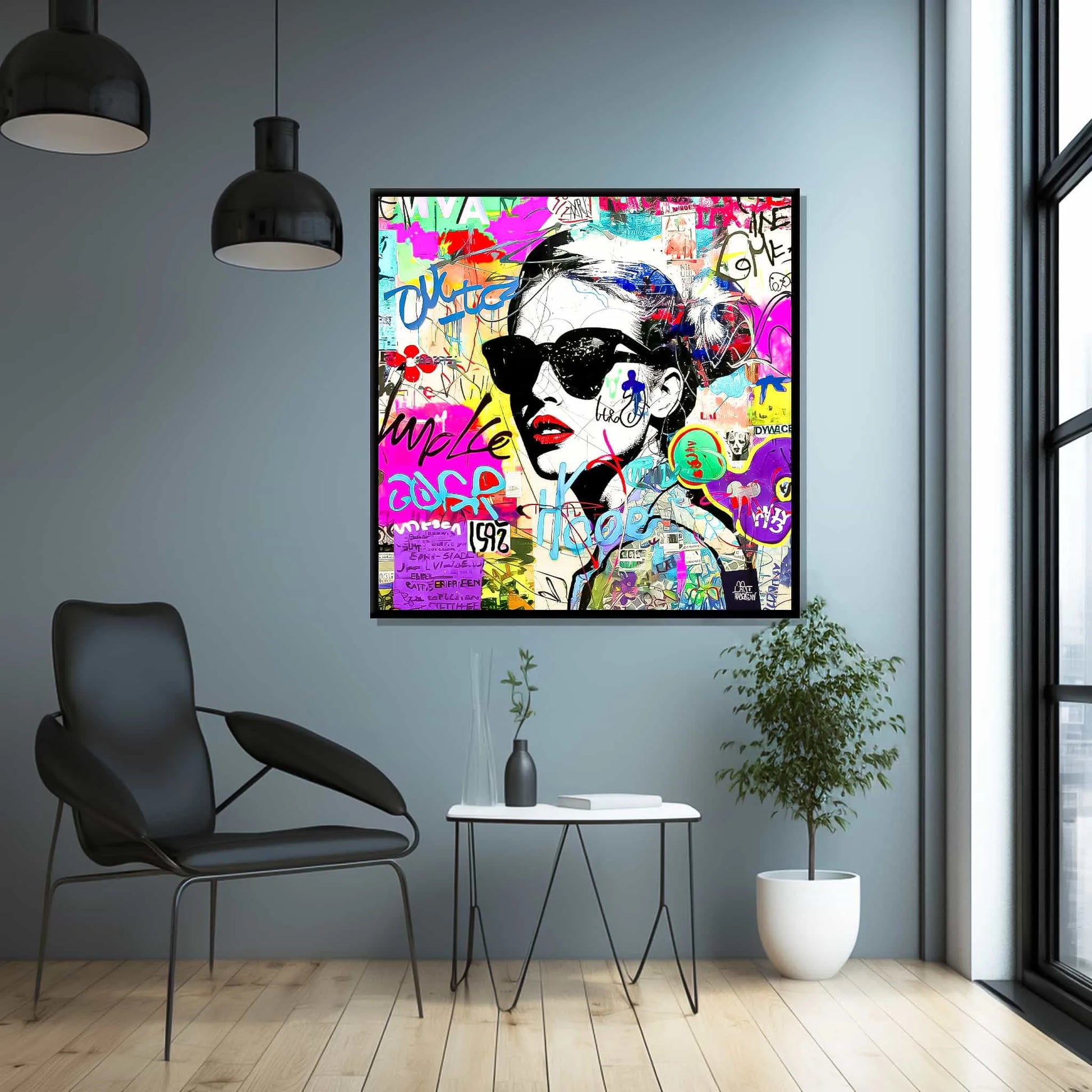 Foyer wall art of a woman wearing sunglasses with tattoos on her body and face. Surrounded by street-style stickers, labels, numbers, letters, and symbols in vibrant colors. Titled: Graffiti Chic Chronicles-Graphique Addictions.