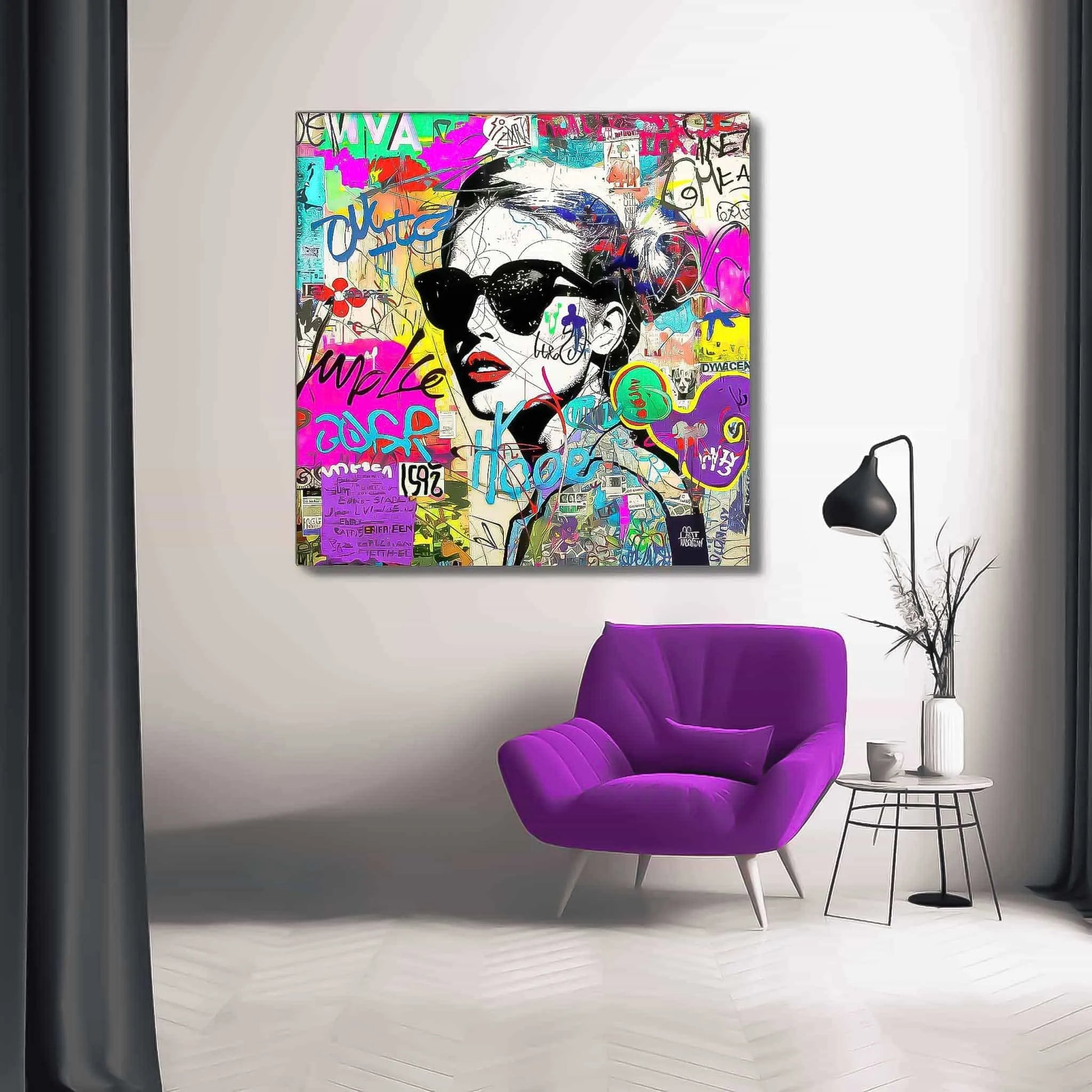 Living room wall art of a woman wearing sunglasses with tattoos on her body and face. Surrounded by street-style stickers, labels, numbers, letters, and symbols in vibrant colors. Titled: Graffiti Chic Chronicles-Graphique Addictions.