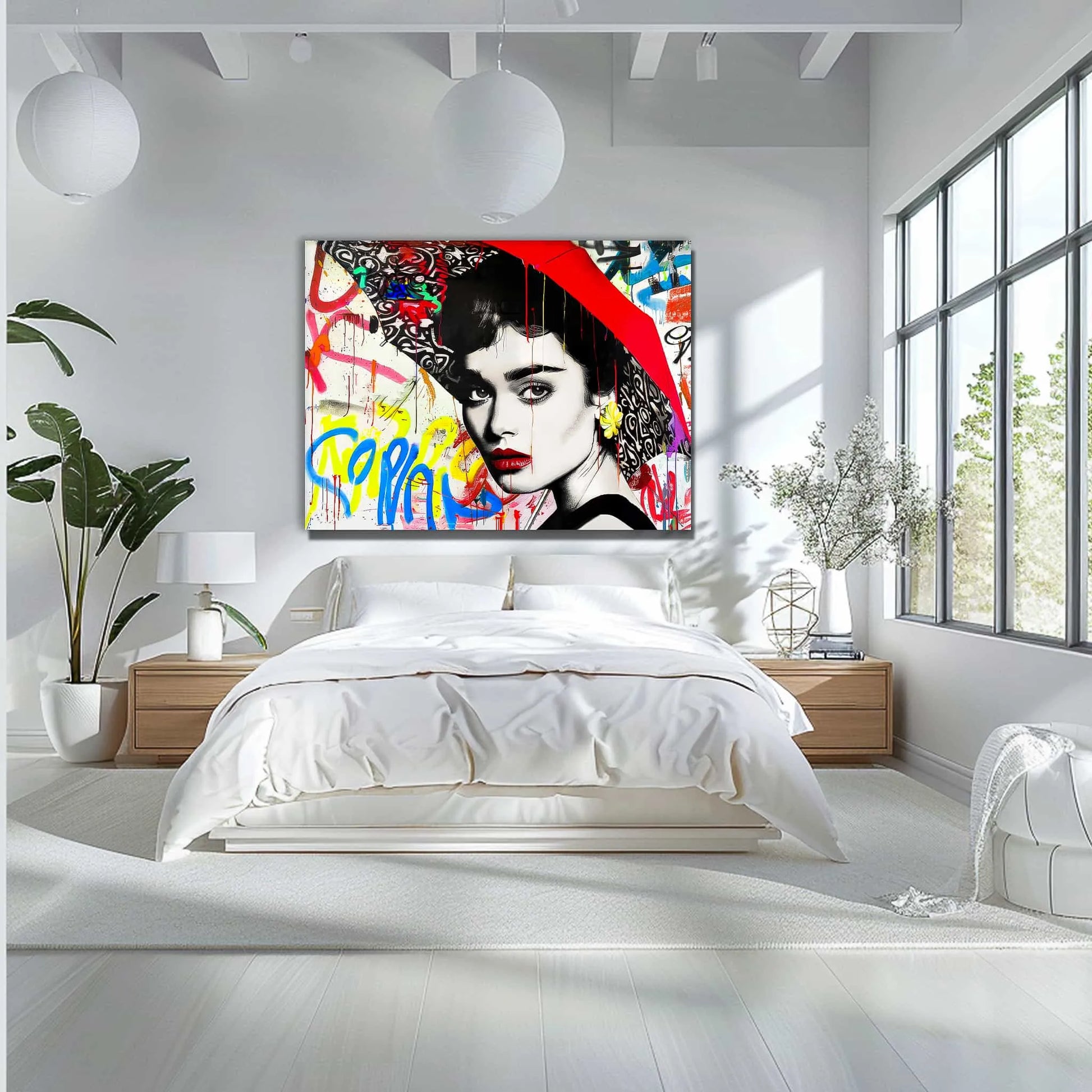 Bedroom wall decor of Audrey Hepburn holding a red umbrella, white backdrop of yellow, blue, and red street-art. Graffiti Rainstorm-Graphique Addictions. 