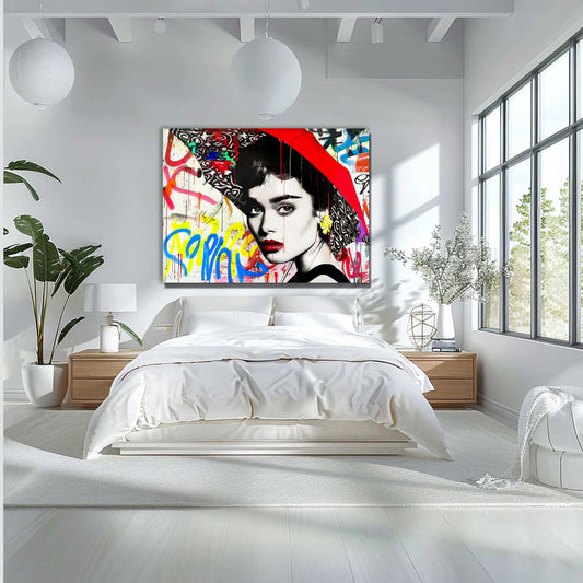 Bedroom wall decor of Audrey Hepburn holding a red umbrella, white backdrop of yellow, blue, and red street-art. Graffiti Rainstorm-Graphique Addictions. 
