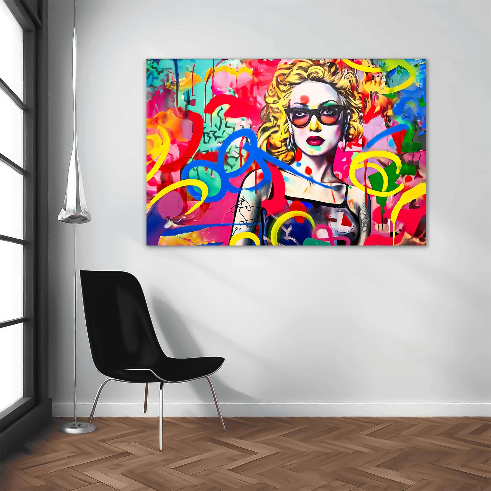 Living room wall art print of a blonde haired woman with tattoos wearing sunglasses, set against a vibrant graffiti backdrop. Title: Graffiti Tattooed Temptation-Graphique Addictions.