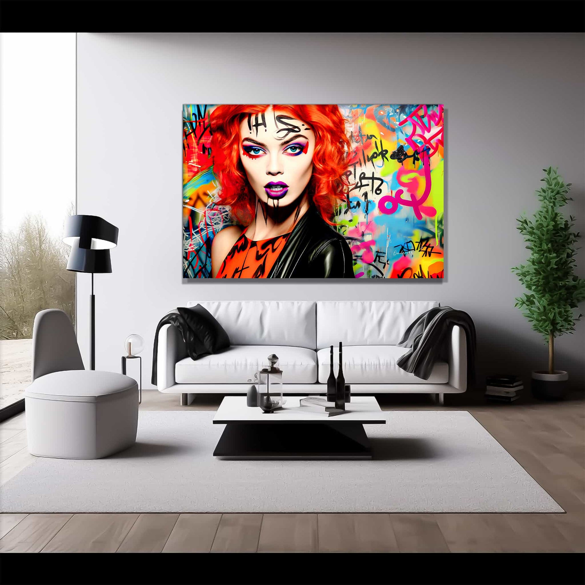 Living room wall art featuring a red-headed woman with bold gothic makeup, wearing a black leather jacket and an orange top, set against a colorful graffiti background. Graffiti Vixen-Graphique Addictions.