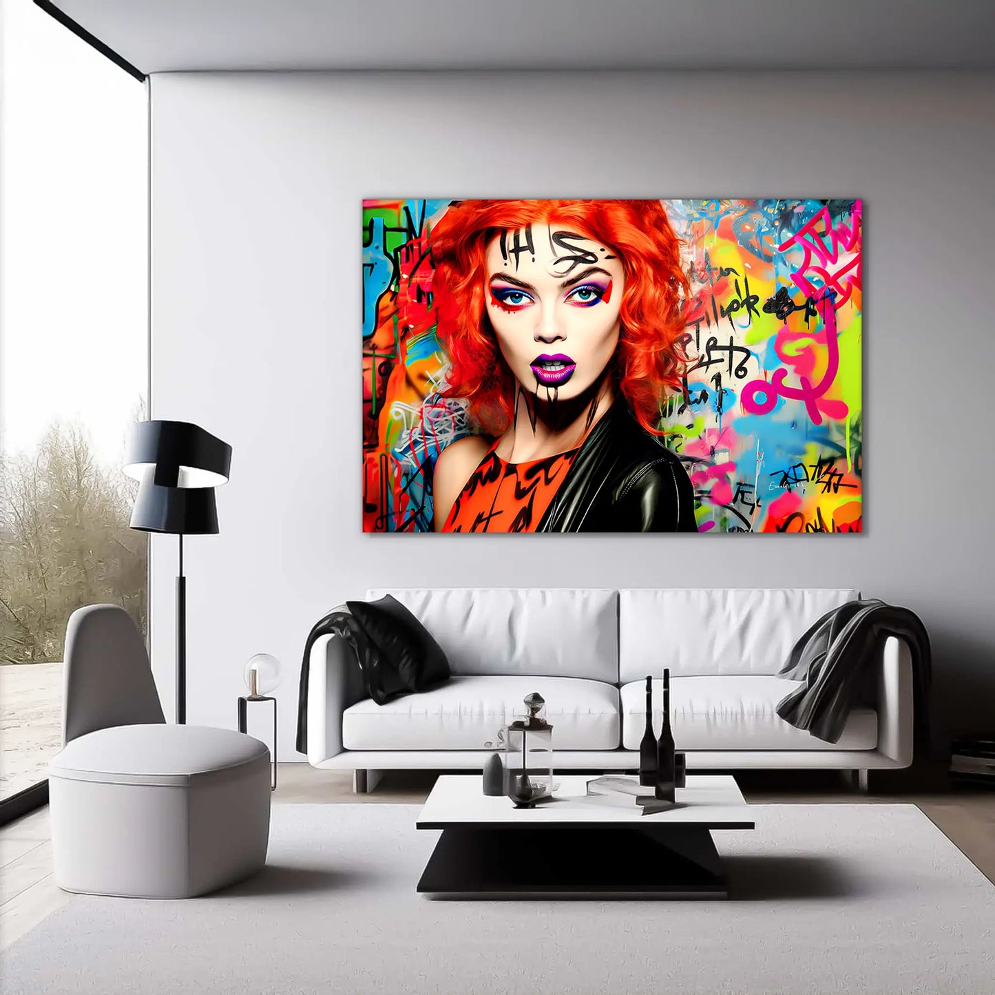 Living room wall art featuring a red-headed woman with bold gothic makeup, wearing a black leather jacket and an orange top, set against a colorful graffiti background. Graffiti Vixen-Graphique Addictions.