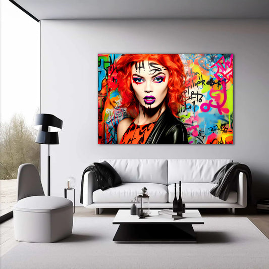 Living room wall art featuring a red-headed woman with bold gothic makeup, wearing a black leather jacket and an orange top, set against a colorful graffiti background. Graffiti Vixen-Graphique Addictions.