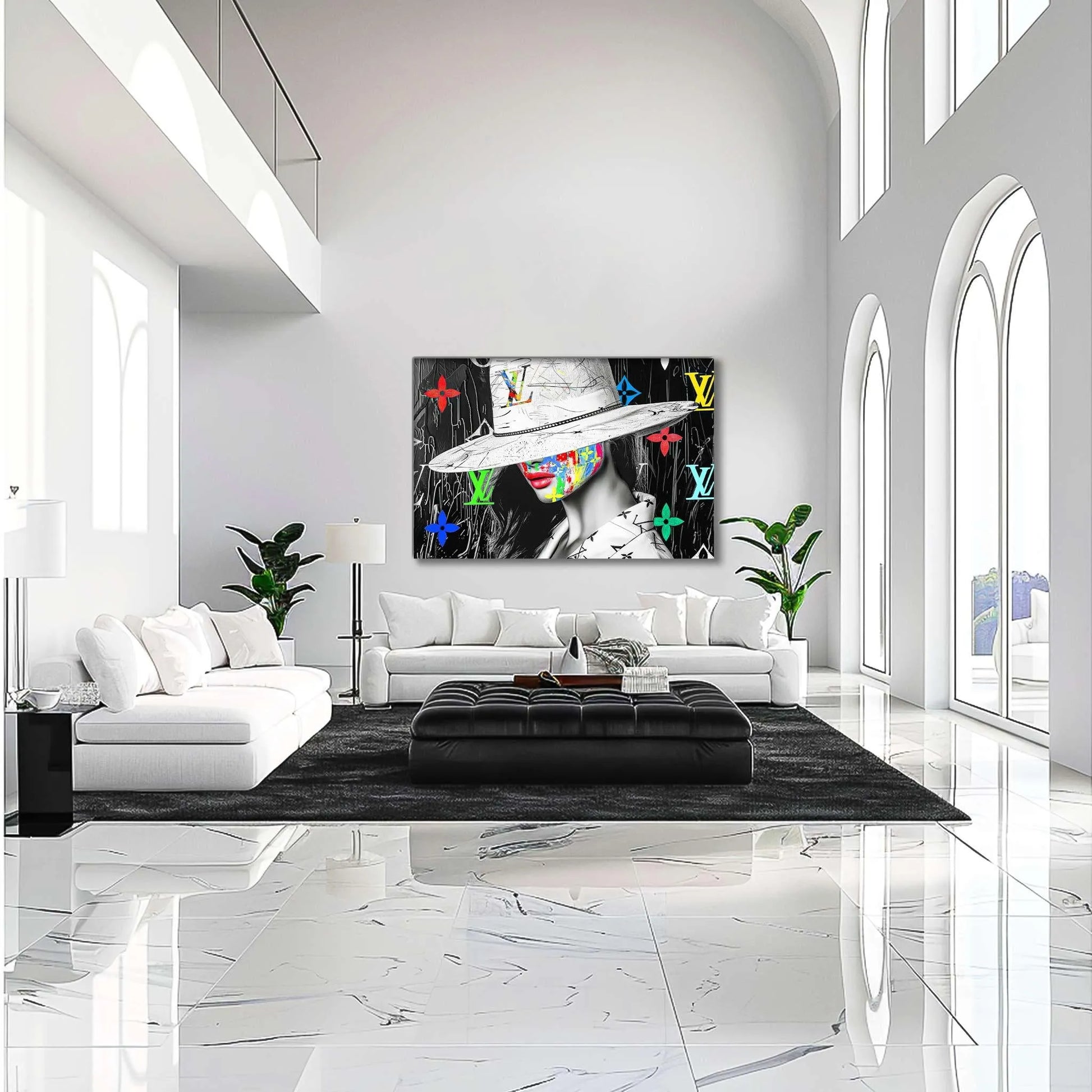 Living room wall decor of a woman with colorful graffiti on her face, wearing a wide-brimmed white hat and Louis Vuitton logos in background. Luxury meets graffiti, graphique addictions.