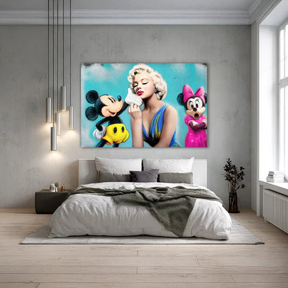 bedroom wall art mockup of marilyn monroe kissing micky mouse's hand and minnie mouse in the background with her mouth open in shock against a blue background. Graphqiue Addictions