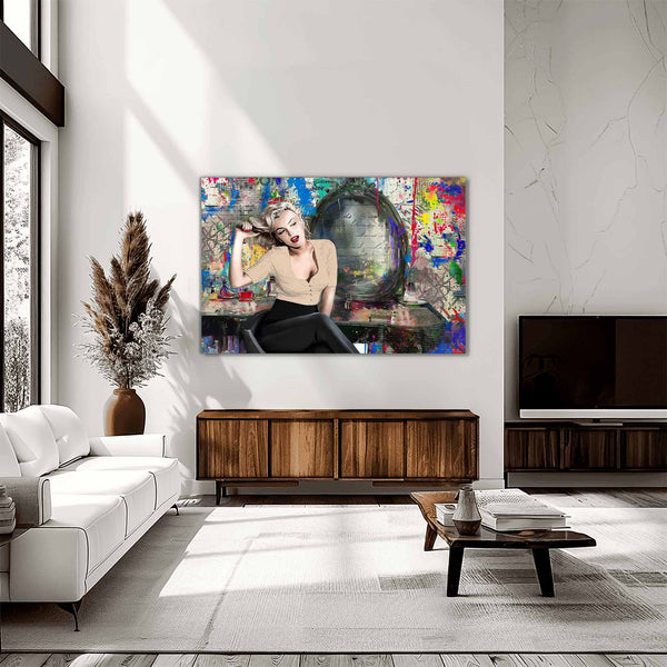 Marilyn Monroe sitting at her vanity,  in front of an old vintage mirror surrounded by graffiti, beauty products, and vibrant paint splashes, living room wall decor. Marilyn at the Vanity-Graphique Addictions.