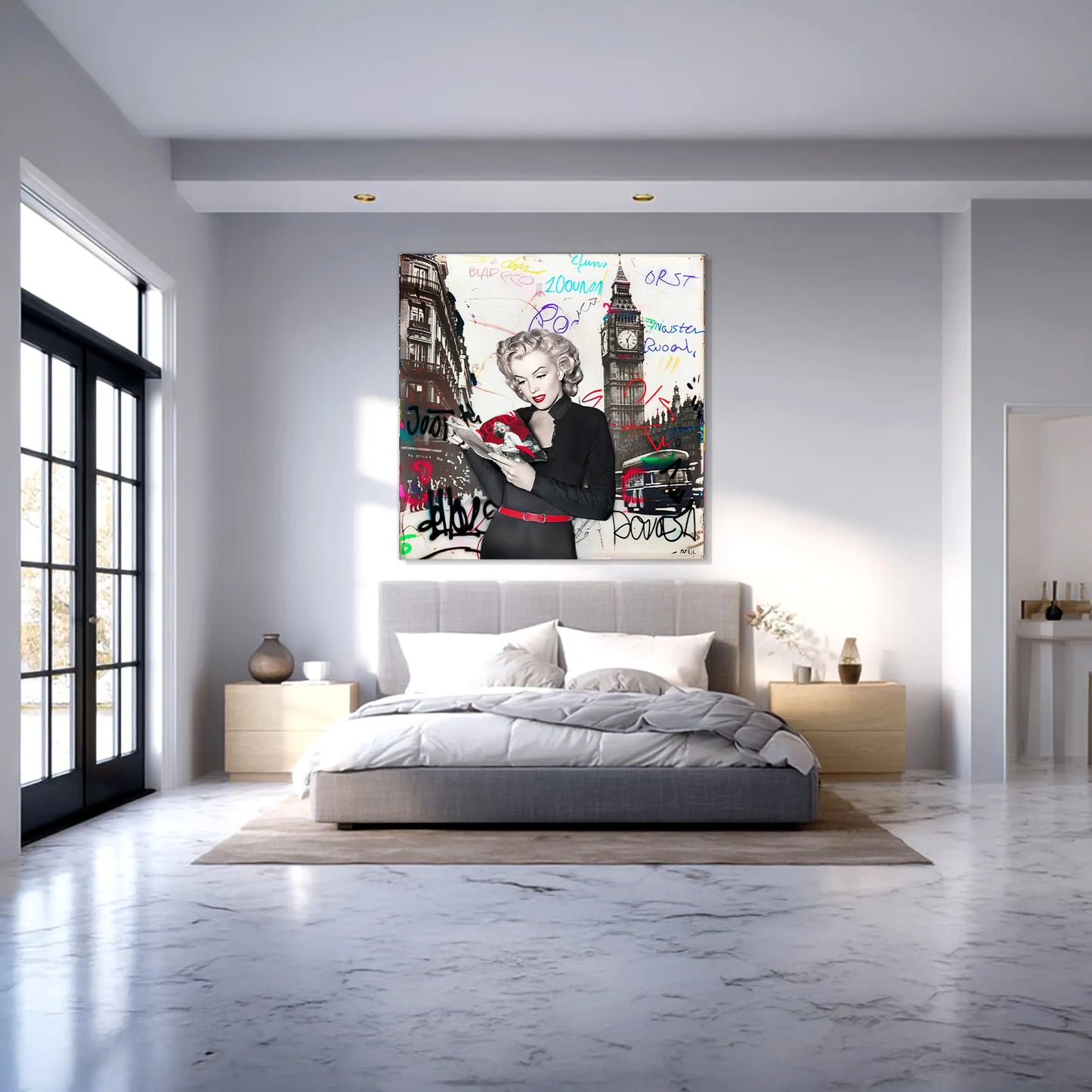 bedroom wall mockup of black and white art of Marilyn Monroe in London with vibrant red lips, Big Ben behind her, and colorful graffiti. Marilyn in London-Graphique Addictions.