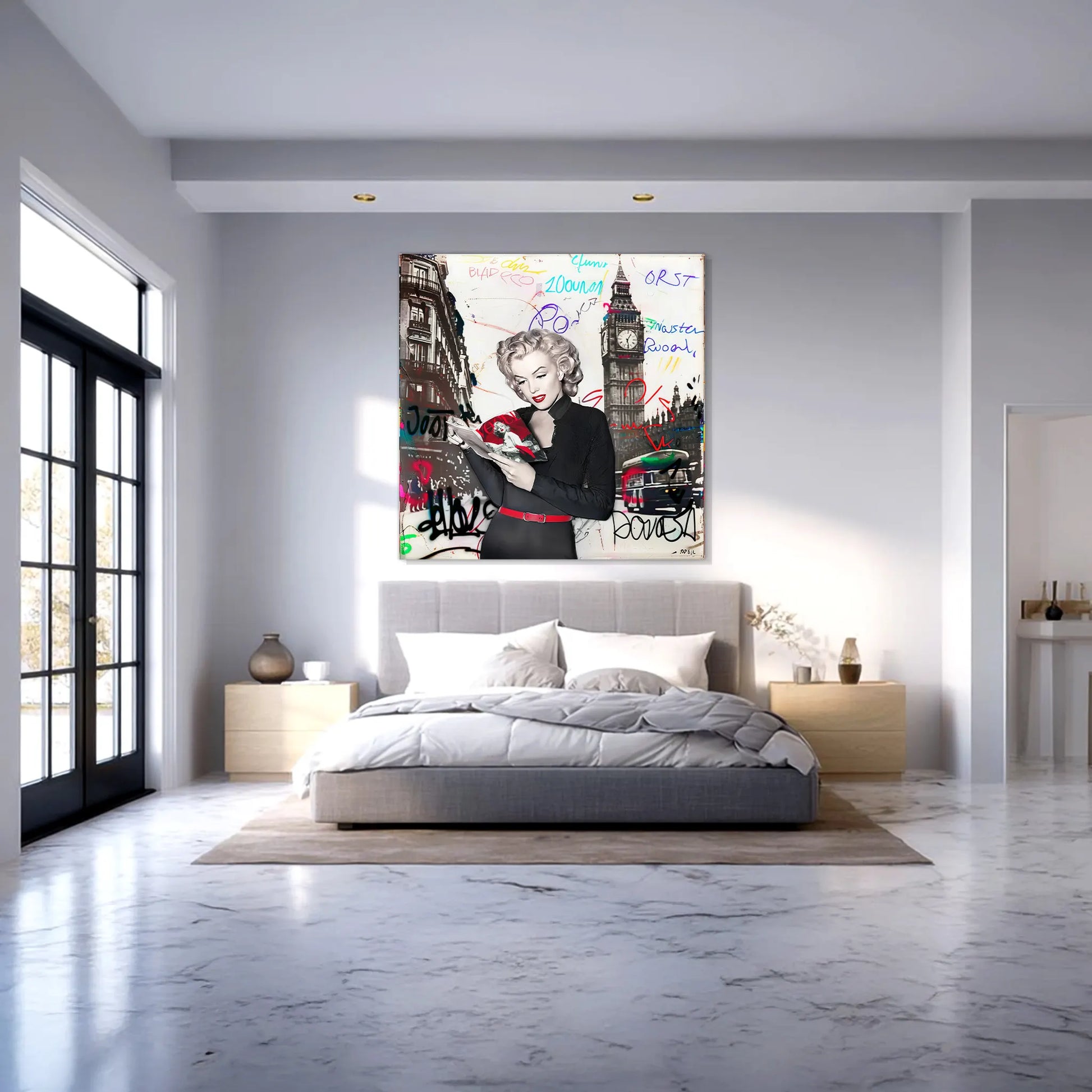 bedroom wall mockup of black and white art of Marilyn Monroe in London with vibrant red lips, Big Ben behind her, and colorful graffiti. Marilyn in London-Graphique Addictions.