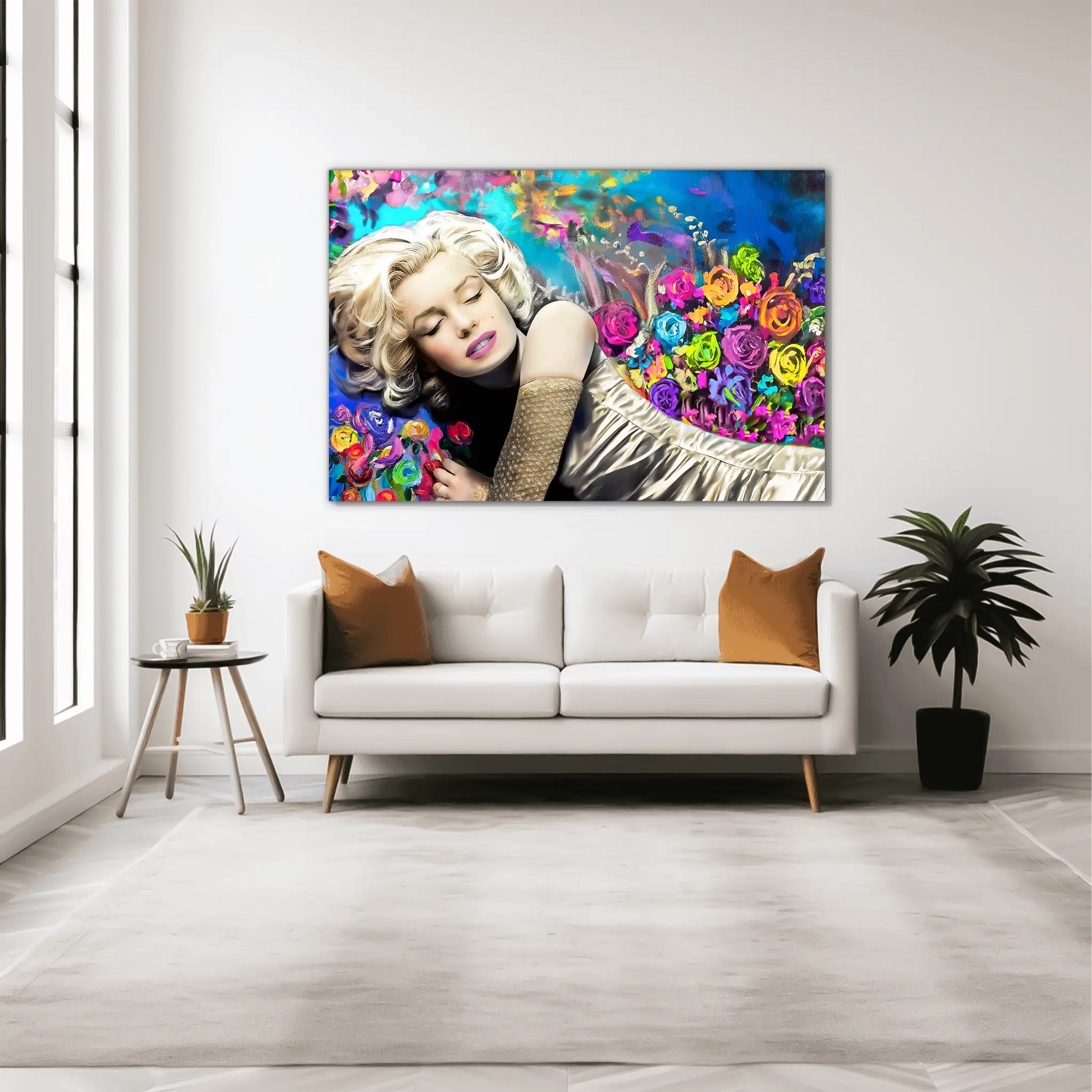 living room wall art portrait of marilyn monroe sleeping in bed, with colorful flowers surrounding her. Graphique Addictions.