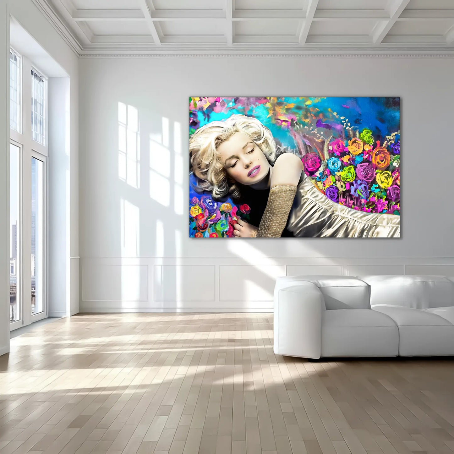 living-dining room wall art portrait of marilyn monroe sleeping in bed, with colorful flowers surrounding her. Graphique Addictions.