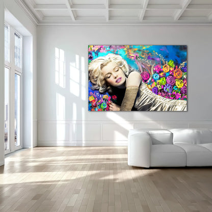 living-dining room wall art portrait of marilyn monroe sleeping in bed, with colorful flowers surrounding her. Graphique Addictions.