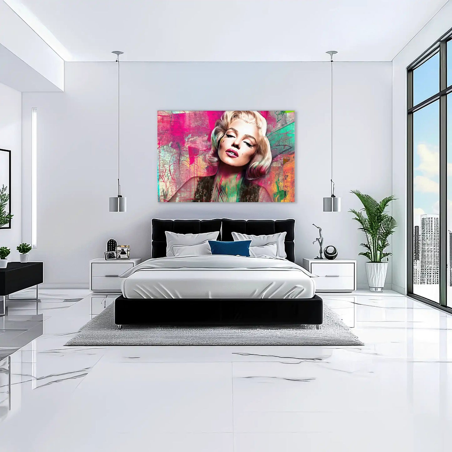 Abstract portrait of Marilyn Monroe with pink lips and lime green graffiti-style background-Marilyns-Candy-Lime-bedroom-mockup, Graphique Addictions