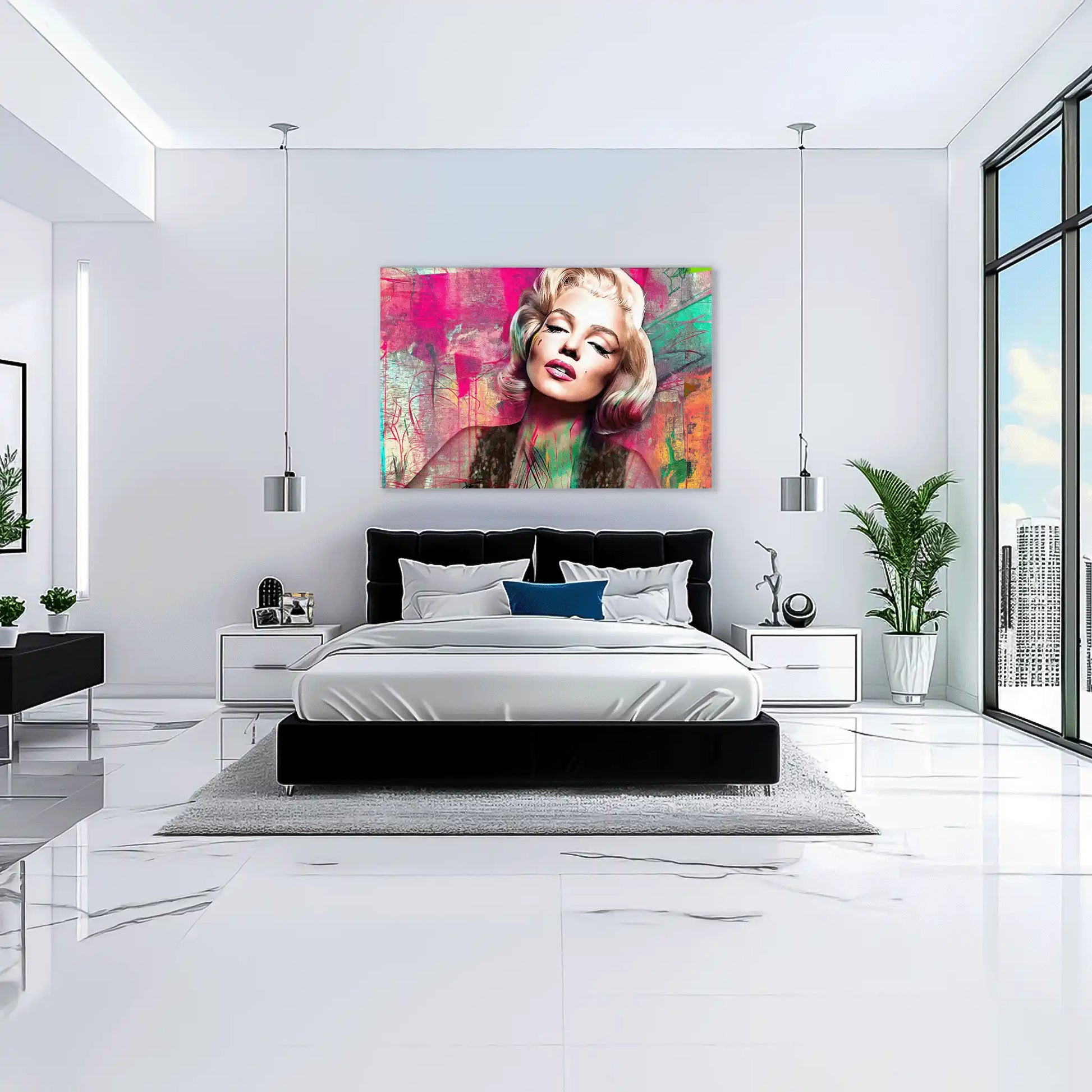 Abstract portrait of Marilyn Monroe with pink lips and lime green graffiti-style background-Marilyns-Candy-Lime-bedroom-mockup, Graphique Addictions