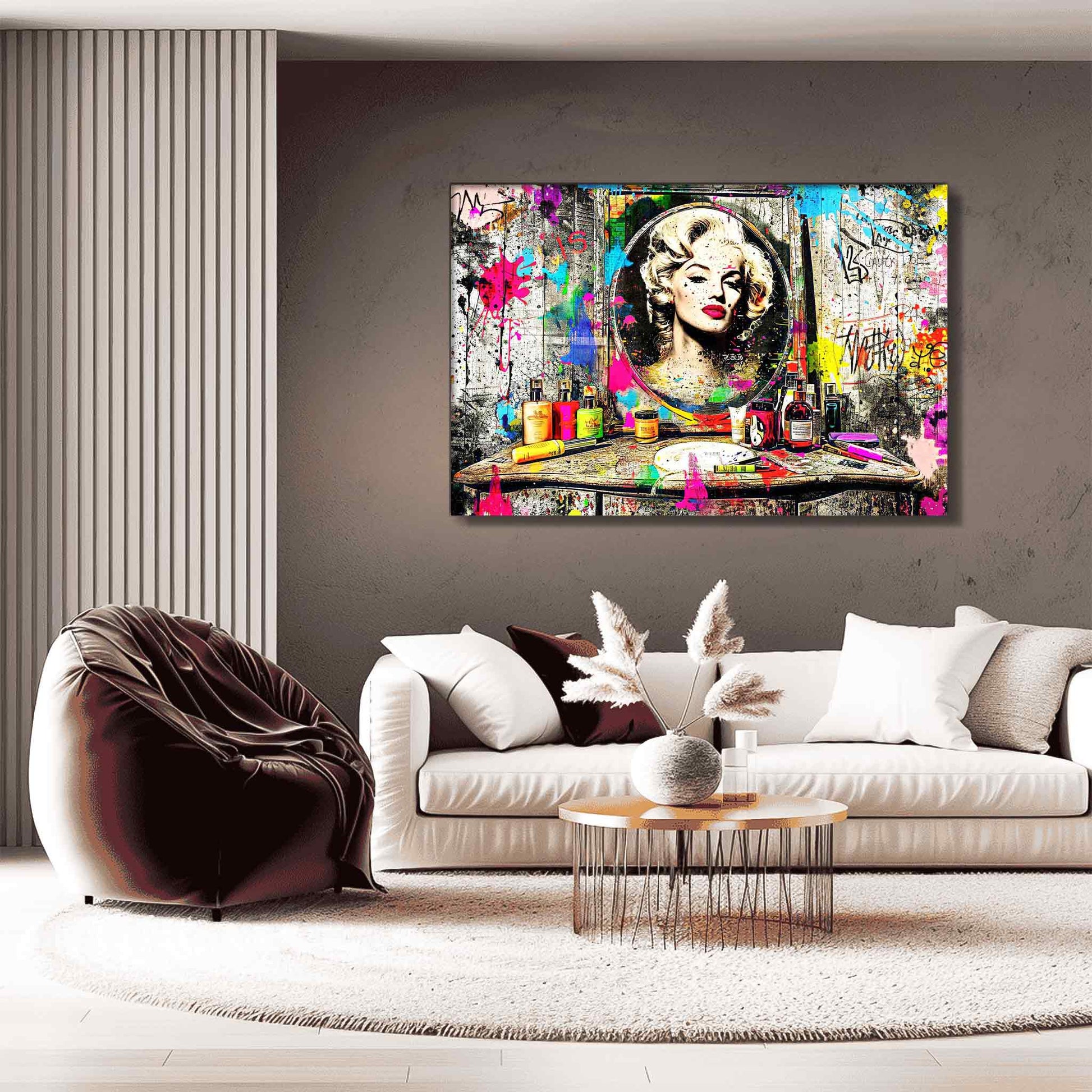 Living room mockup of Marilyn Monroe's reflection in a mirror, against an old wooden vanity table covered with makeup, perfume bottles, and colorful graffiti and paint. Marilyn's Painted Mirror-Graphique Addictions.