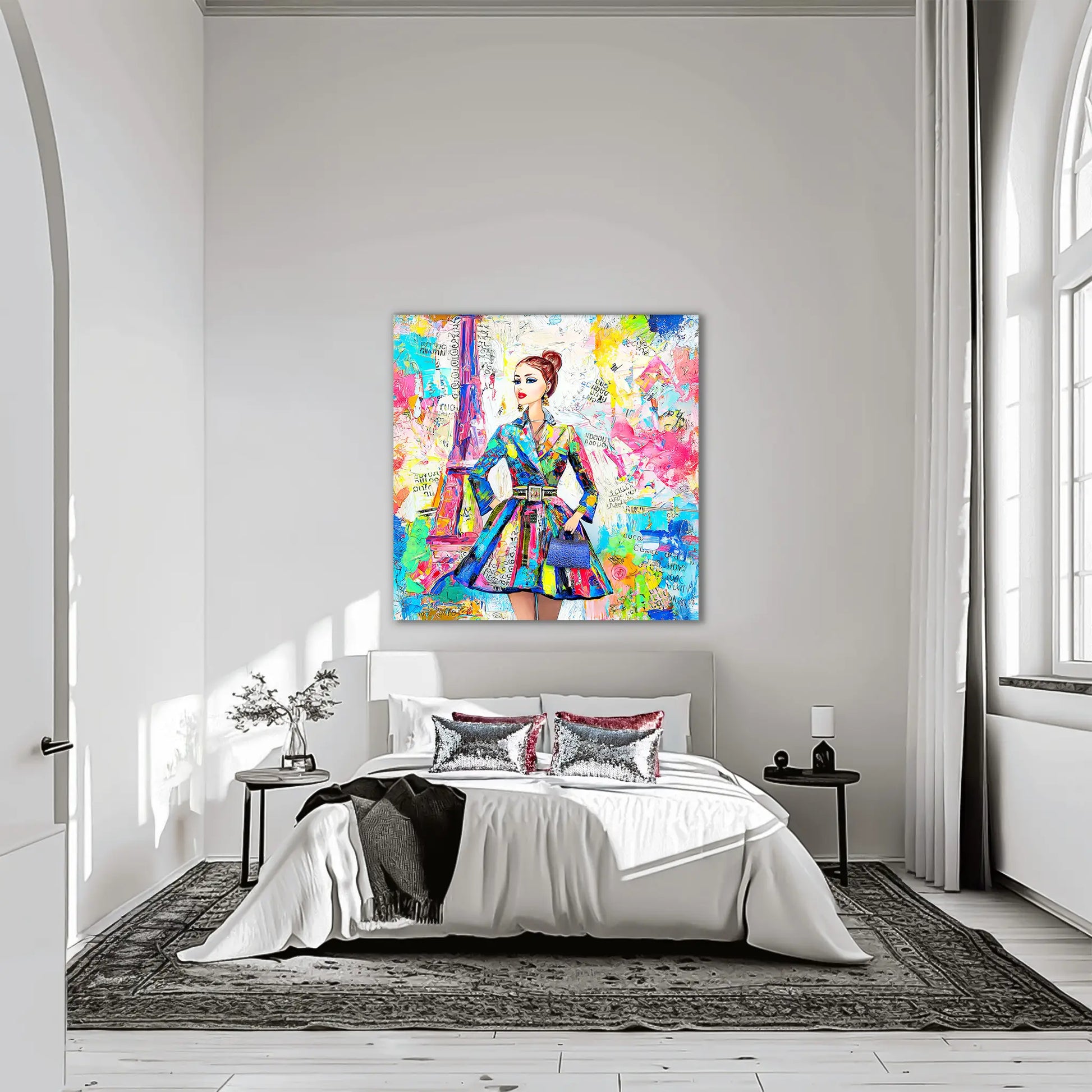 Colorful art of a doll figure wearing a trench coat against a Parisian backdrop carrying a blue handbag. Bedroom mockup-monet-paris-dior, Graphique Addictions