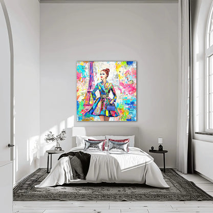 Colorful art of a doll figure wearing a trench coat against a Parisian backdrop carrying a blue handbag. Bedroom mockup-monet-paris-dior, Graphique Addictions